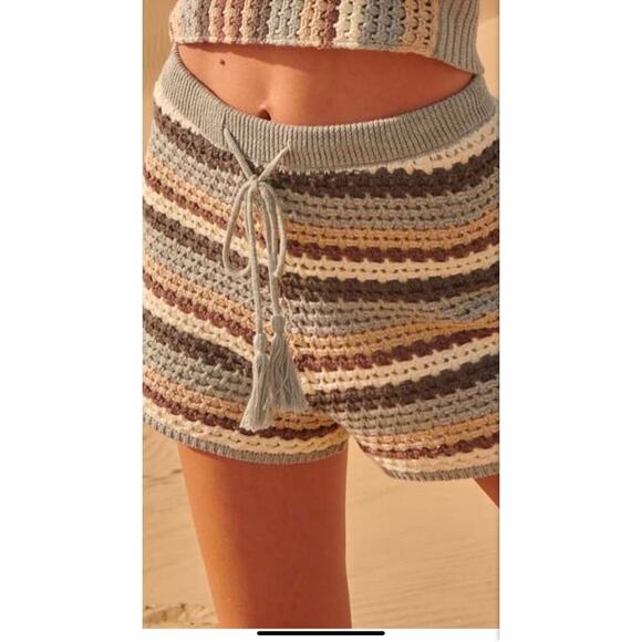 Crochet Knit Two-Piece Set With Striped Crop Top & Shorts Boho Style Beachwear F - Picture 3 of 5